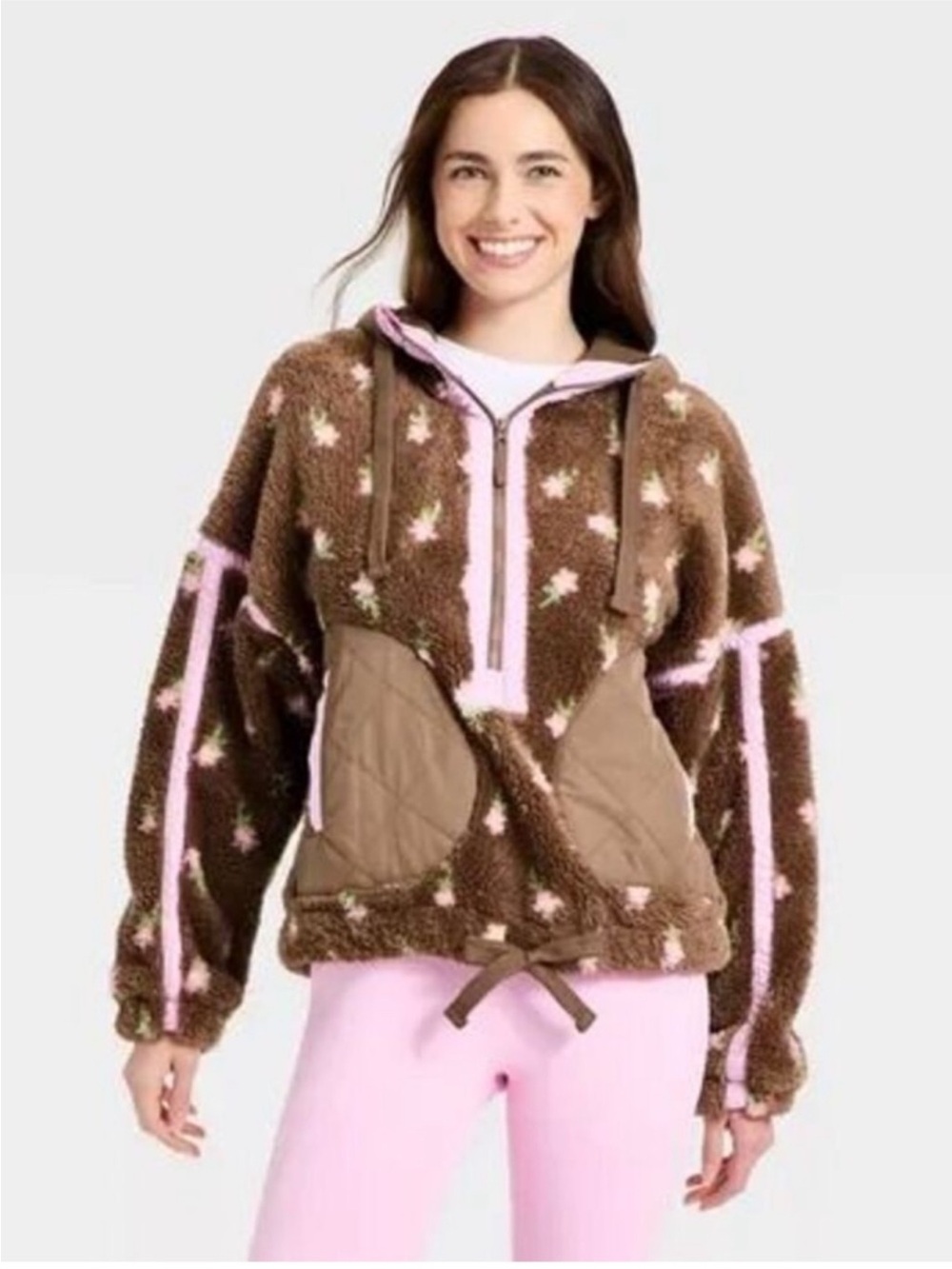 JoyLab Women’s Contrast High Pile 1/2 Zip Jacket - Brown Floral Size Large NWOT